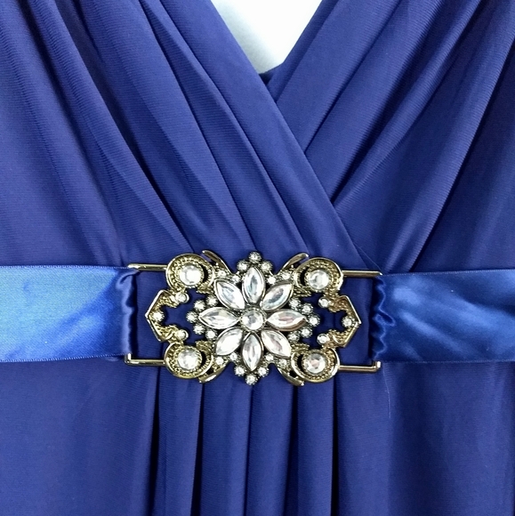 Scarlett Nite Dark Blue Fit-&-Flare Deep V-neck Dress w/ Embellished Ribbon Belt - Picture 4 of 8